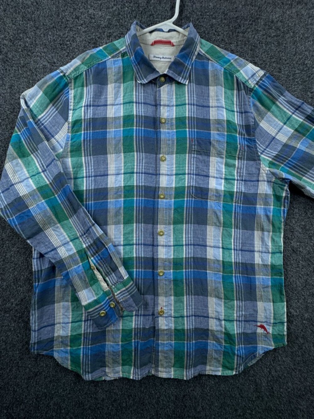 Tommy Bahama All Linen Plaid Logo Large Blue Green Button Up Long Sleeve Beach - Picture 3 of 16